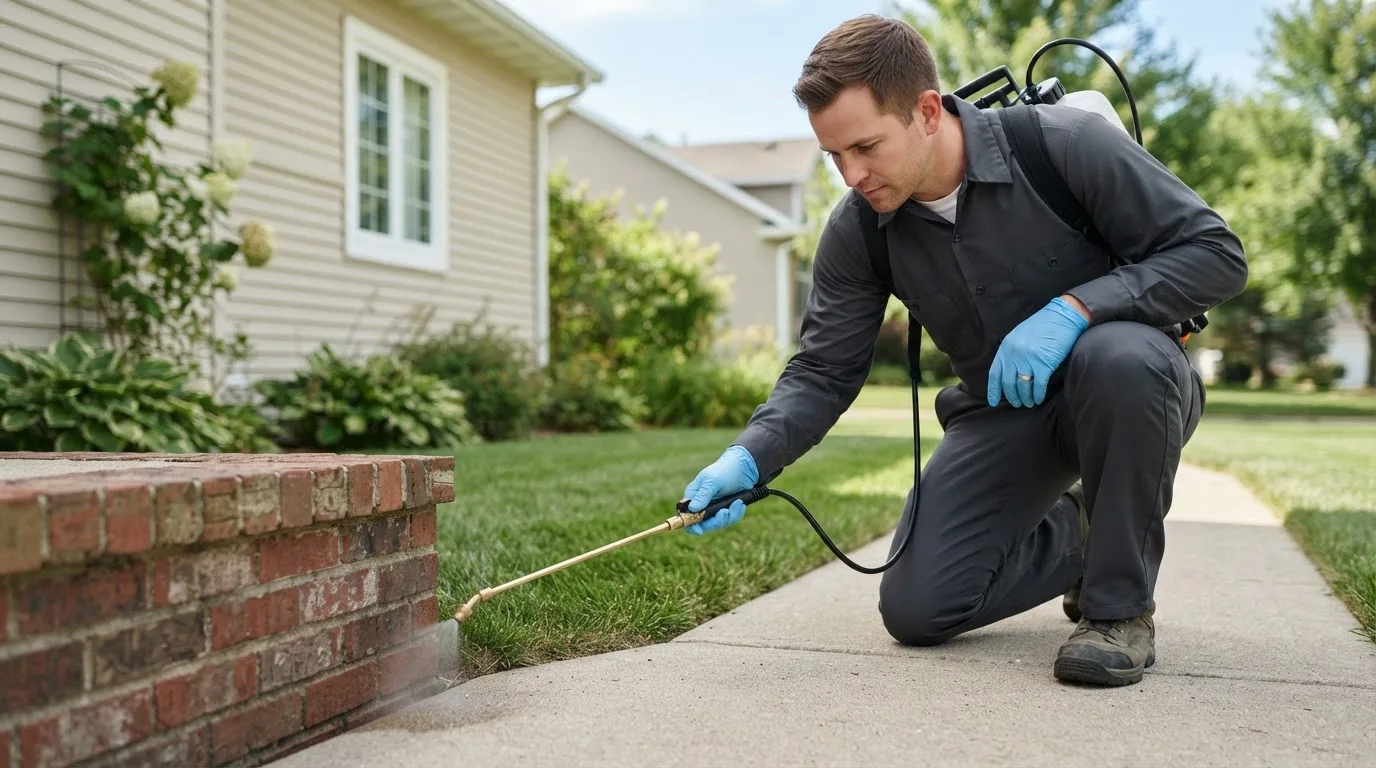 Pest control technician treating a home near Avery, CA
